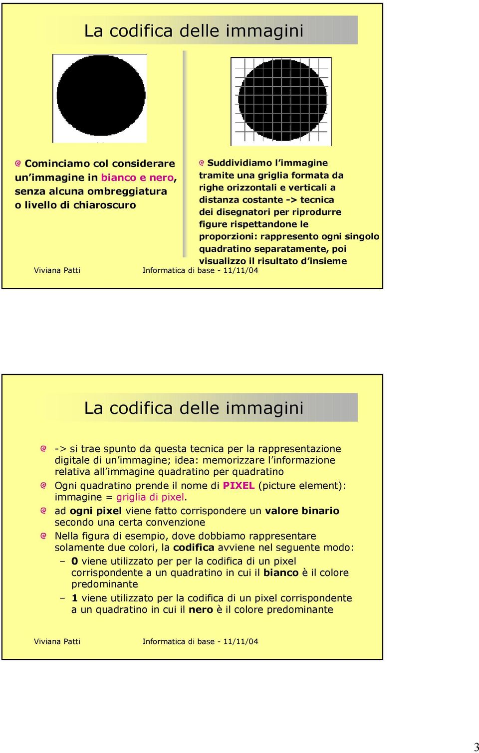 risultato d insieme La codifica delle immagini -> si trae spunto da questa tecnica per la rappresentazione digitale di un immagine; idea: memorizzare l informazione relativa all immagine quadratino