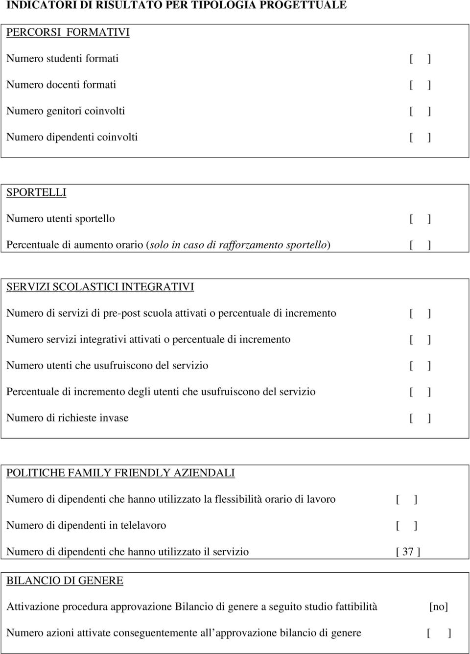 incremento [ ] Numero servizi integrativi attivati o percentuale di incremento [ ] Numero utenti che usufruiscono del servizio [ ] Percentuale di incremento degli utenti che usufruiscono del servizio