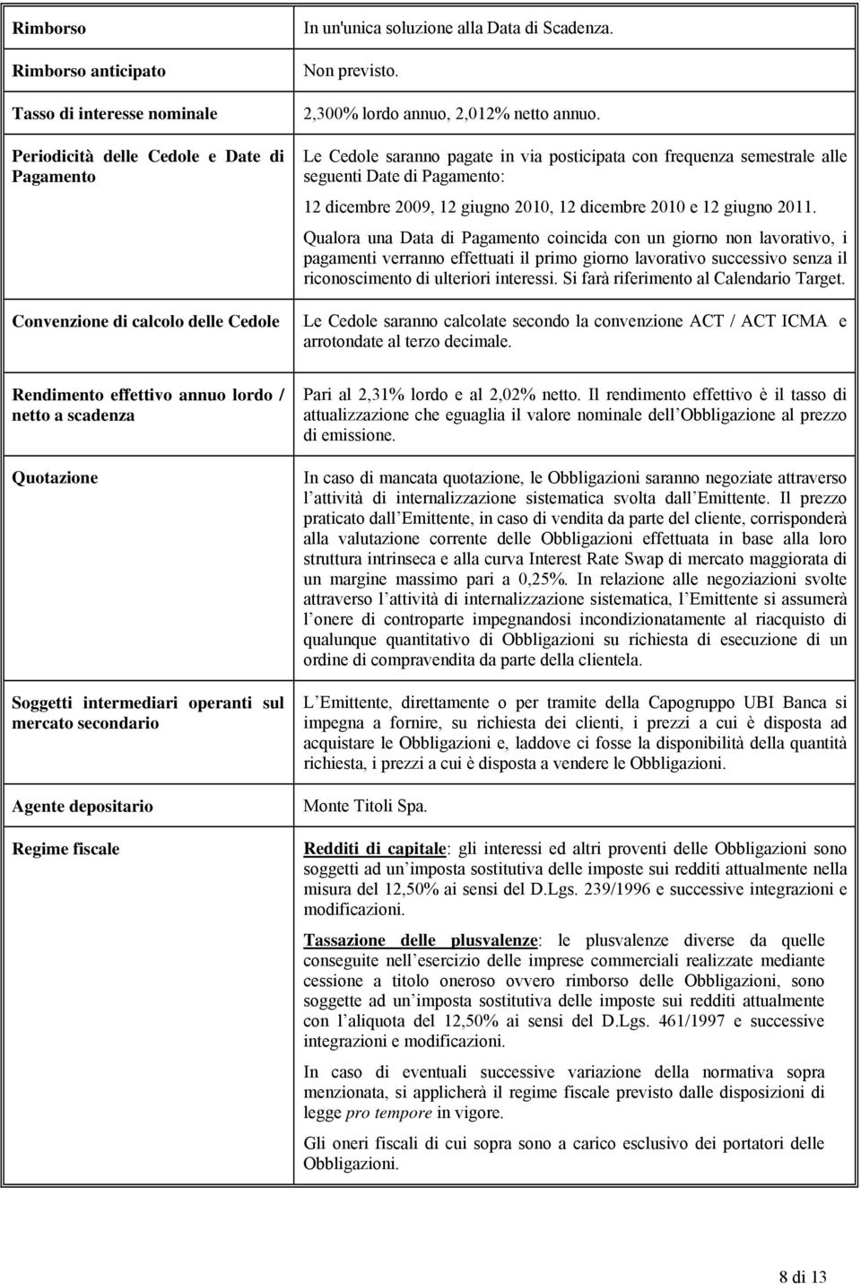 Le Cedole saranno pagate in via posticipata con frequenza semestrale alle seguenti Date di Pagamento: 12 dicembre 2009, 12 giugno 2010, 12 dicembre 2010 e 12 giugno 2011.