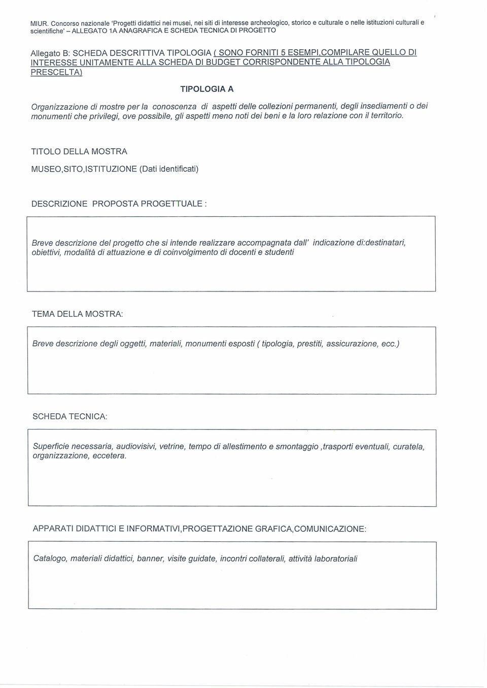 TITOLO DELLA MOSTRA MUSEO,SITO,ISTITUZIONE (Dati identificati) DESCRIZIONE PROPOSTA PROGETTUALE : Breve descrizione del progetto che si intende realizzare accompagnata dal/' indicazione