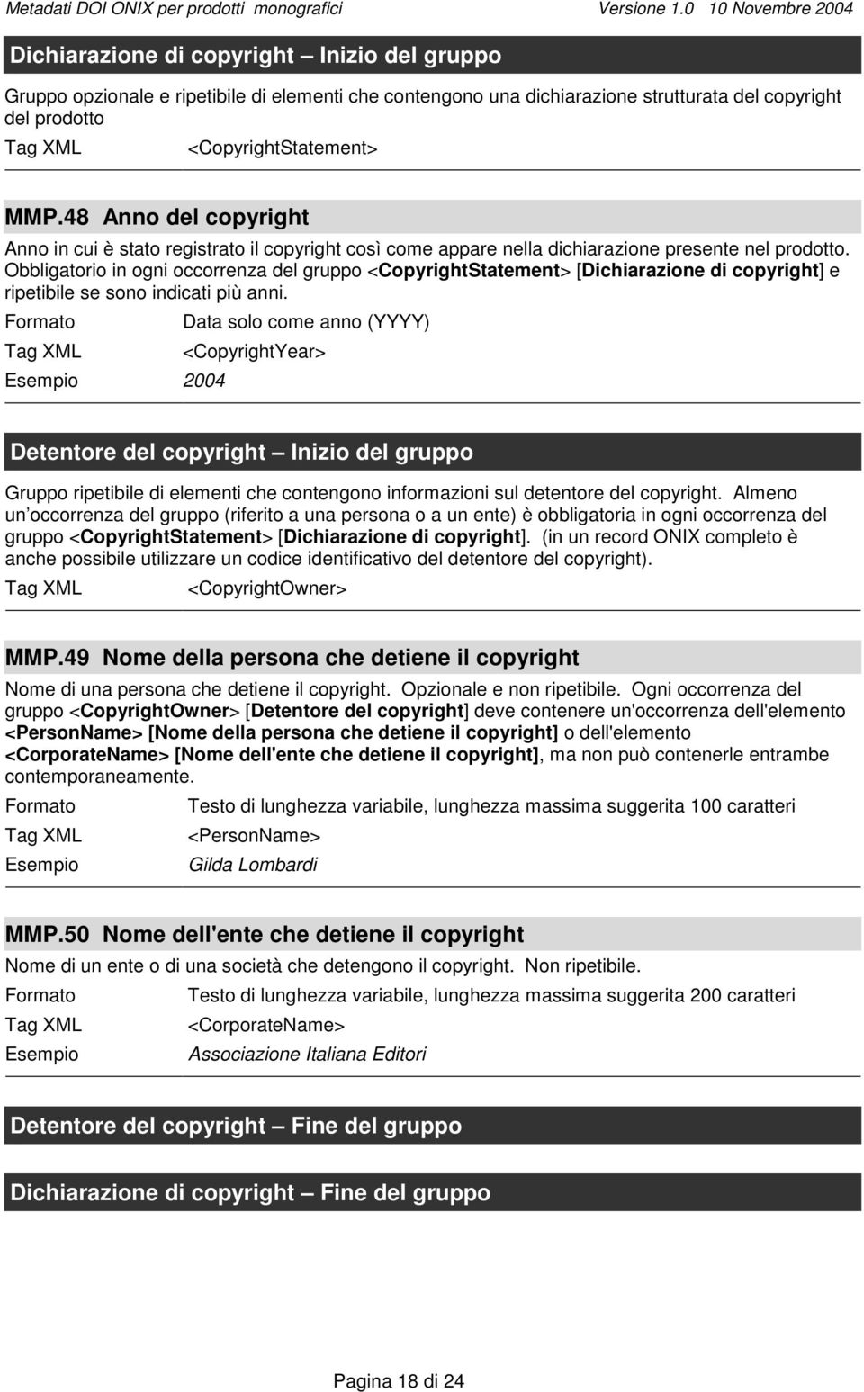 Obbligatorio in ogni occorrenza del gruppo <CopyrightStatement> [Dichiarazione di copyright] e ripetibile se sono indicati più anni.