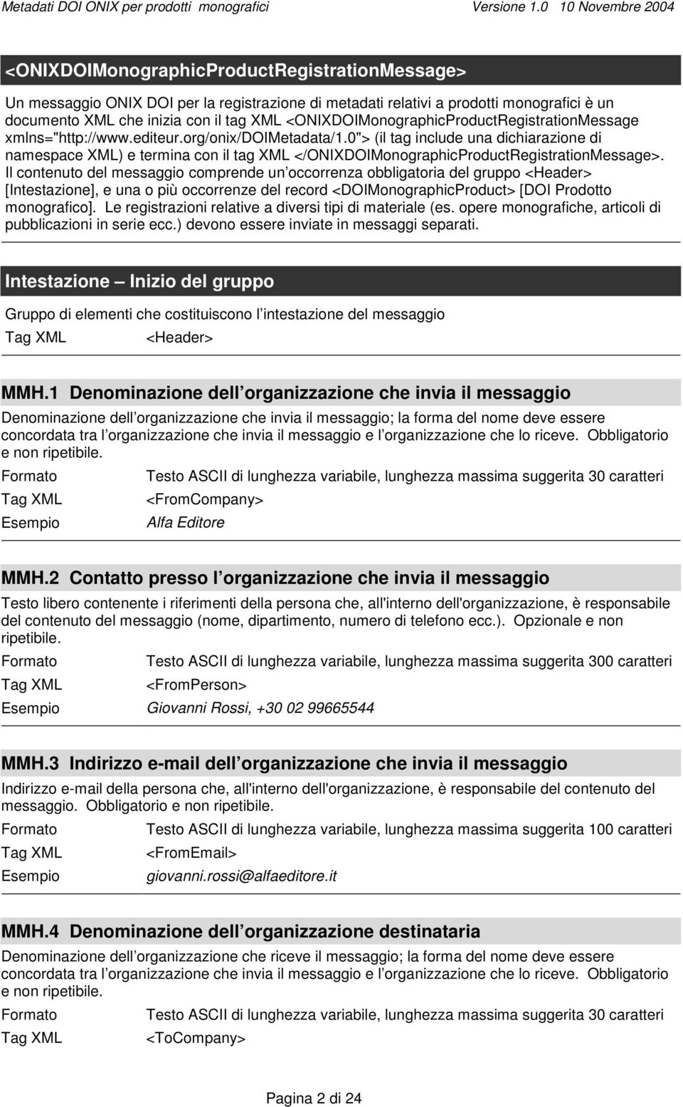 0"> (il tag include una dichiarazione di namespace XML) e termina con il tag XML </ONIXDOIMonographicProductRegistrationMessage>.