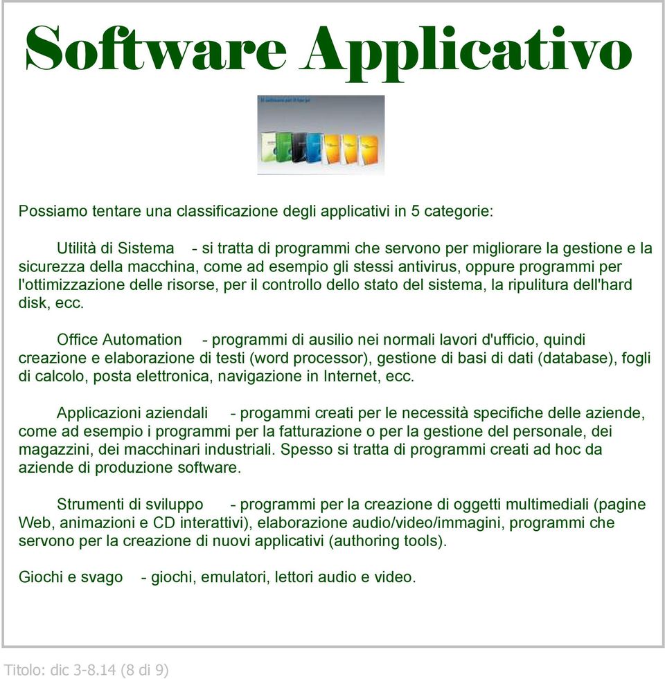 Il Software applicativo Office Automation programmi di ausilio nei normali lavori d'ufficio, quindi creazione e elaborazione di testi (word processor), gestione di basi di dati (database), fogli di