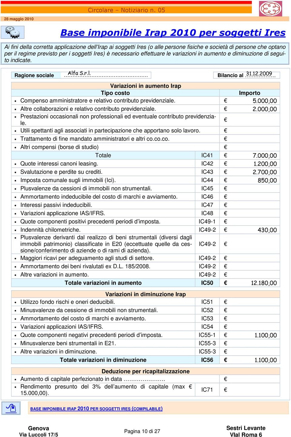 2009 Variazioni in aumento Irap Tipo costo Importo Compenso amministratore e relativo contributo previdenziale. 5.000,00 Altre collaborazioni e relativo contributo previdenziale. 2.