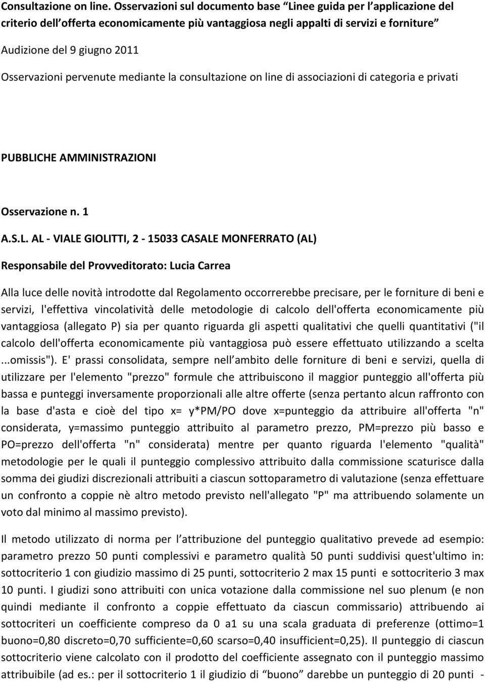 pervenute mediante la consultazione on line di associazioni di categoria e privati PUBBLI