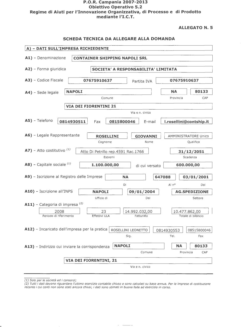5 A1) - Denominazione A2) - Forma giuridica CONTAINER SHIPPING NAPOLI SRL SOCIETA' A RESPONSABILITA' LIMITATA A3) - Codice Fiscale 076759LO637 Partita IVA 076759LO637 A4) - Sede legale NAPOLI Comune