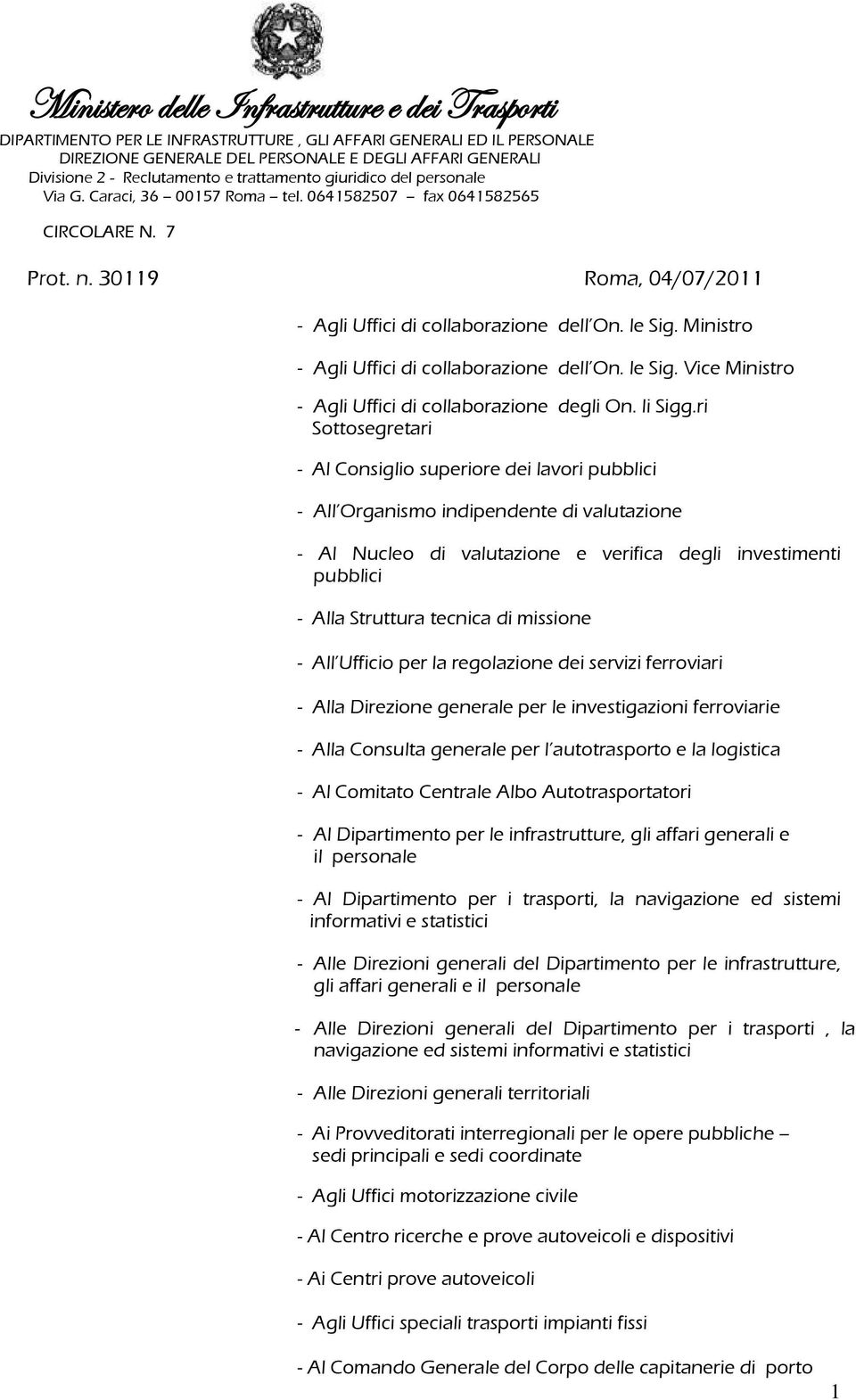 le Sig. Ministro - Agli Uffici di collaborazione dell On. le Sig. Vice Ministro - Agli Uffici di collaborazione degli On. li Sigg.