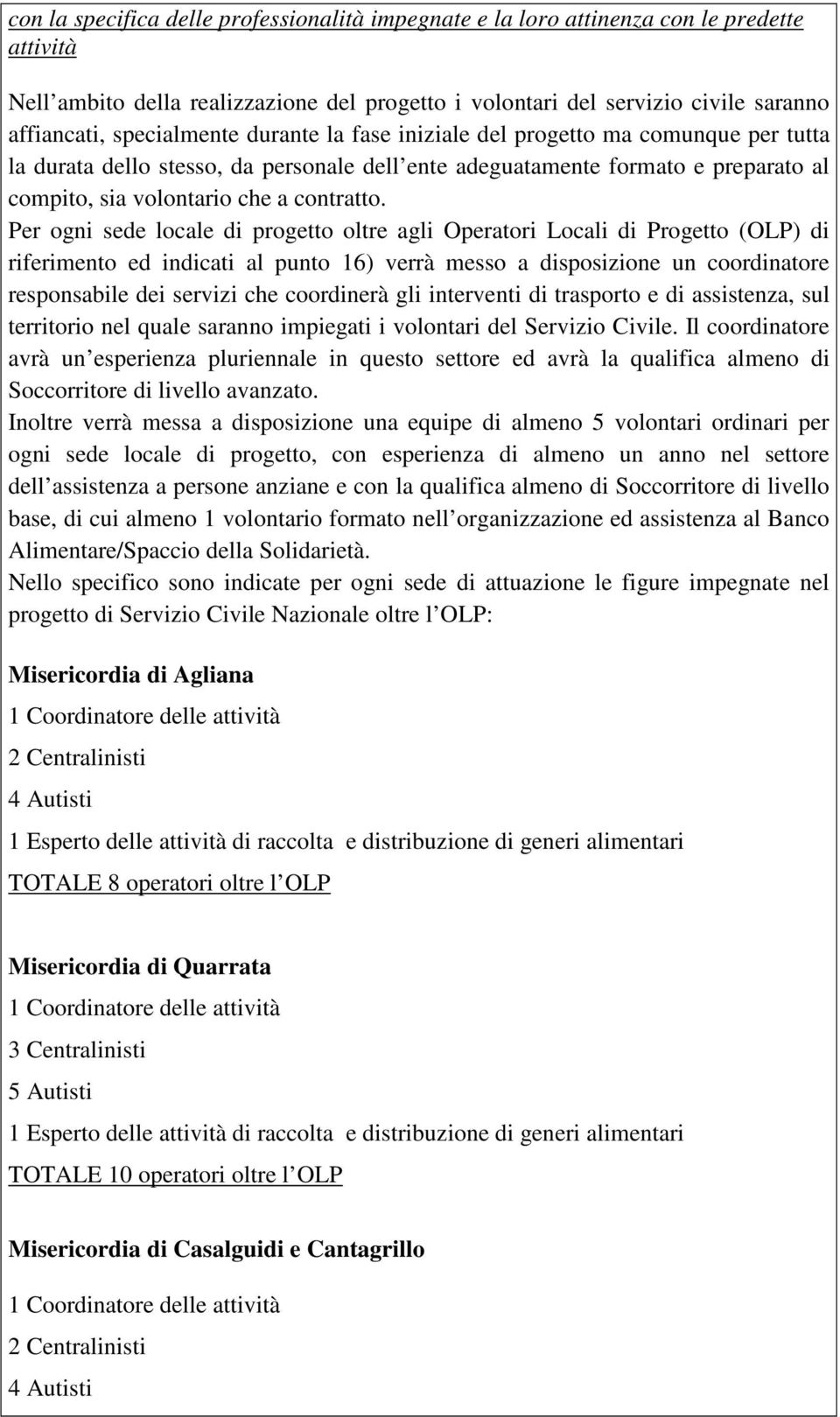 Per ogni sede locale di progetto oltre agli Operatori Locali di Progetto (OLP) di riferimento ed indicati al punto 16) verrà messo a disposizione un coordinatore responsabile dei servizi che