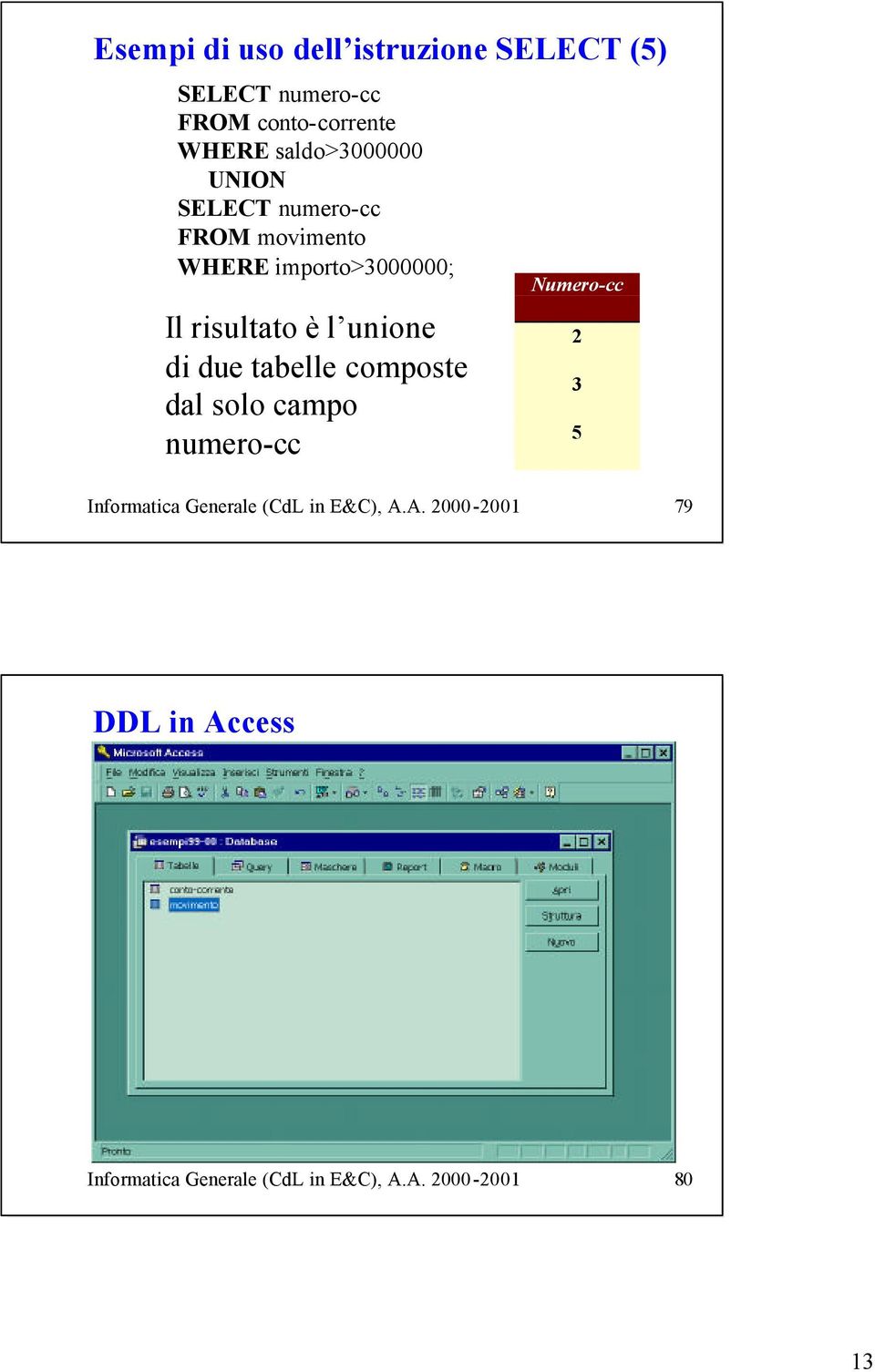 unione di due tabelle composte dal solo campo numero-cc Numero-cc Informatica Generale (CdL