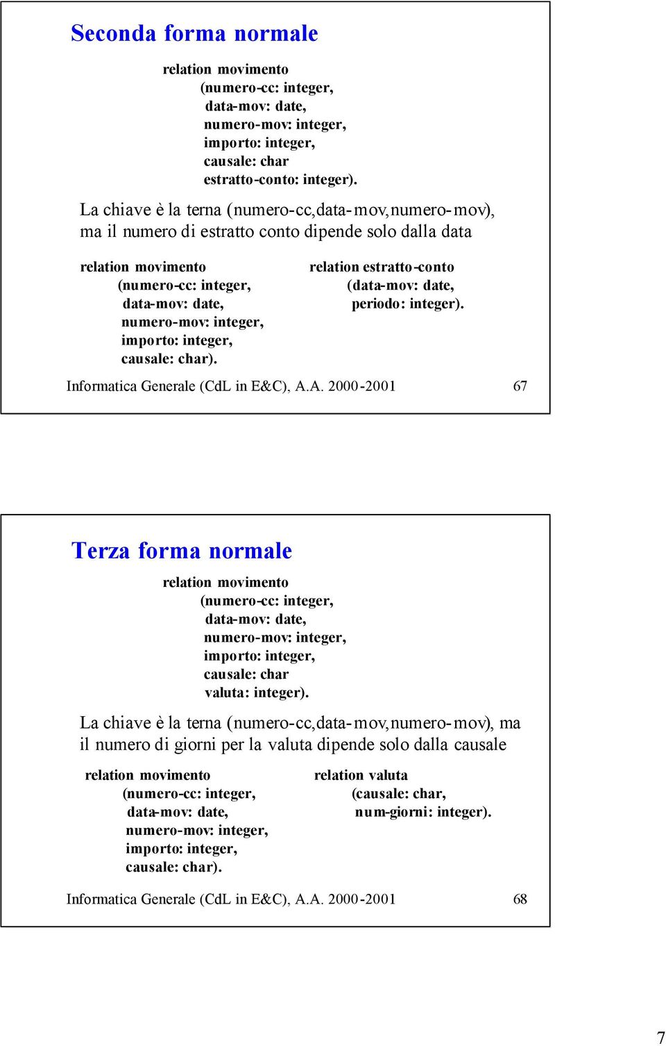 integer, causale: char). relation estratto-conto (data-mov: date, periodo: integer). Informatica Generale (CdL in E&C), A.