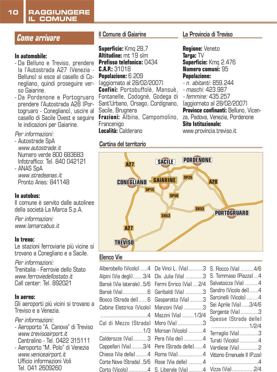 autostrade.it Numero verde 800 683683 Infotraffico: Tel. 840 042121 - ANAS SpA www.stradeanas.it Pronto Anas: 841148 In autobus: Il comune è servito dalle autolinee della società La Marca S.p.A. Per informazioni: www.