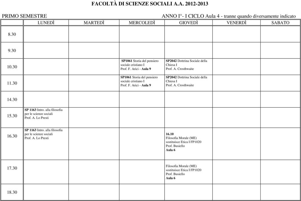 A. Crosthwaite SP2042 Dottrina Sociale della Chiesa I Prof. A. Crosthwaite SP 1163 Intro. alla filosofia per le scienze sociali 16.30 SP 1163 Intro.