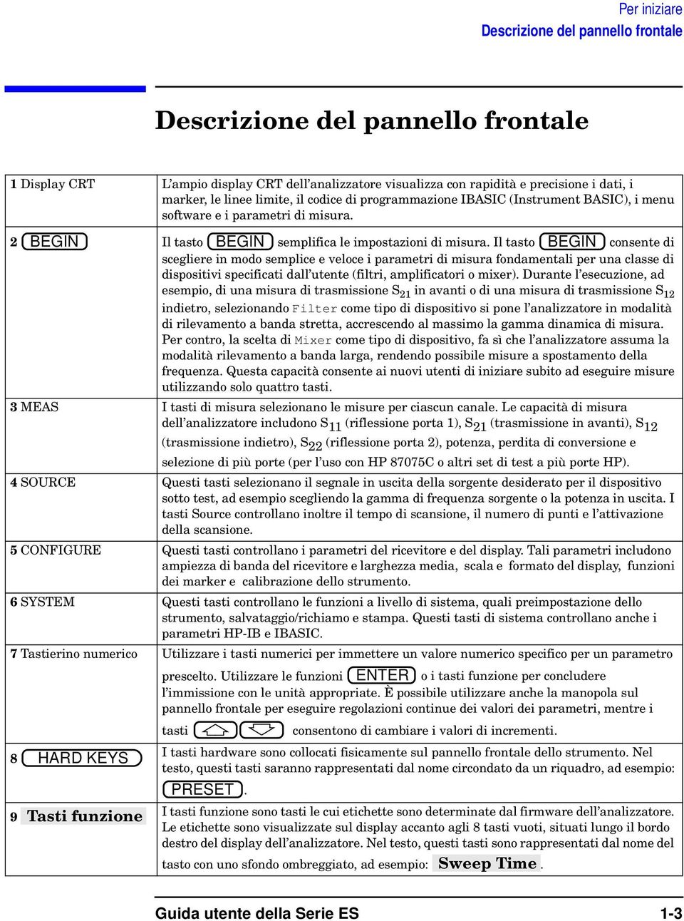 Il tasto BEGIN consente di scegliere in modo semplice e veloce i parametri di misura fondamentali per una classe di dispositivi specificati dall utente (filtri, amplificatori o mixer).