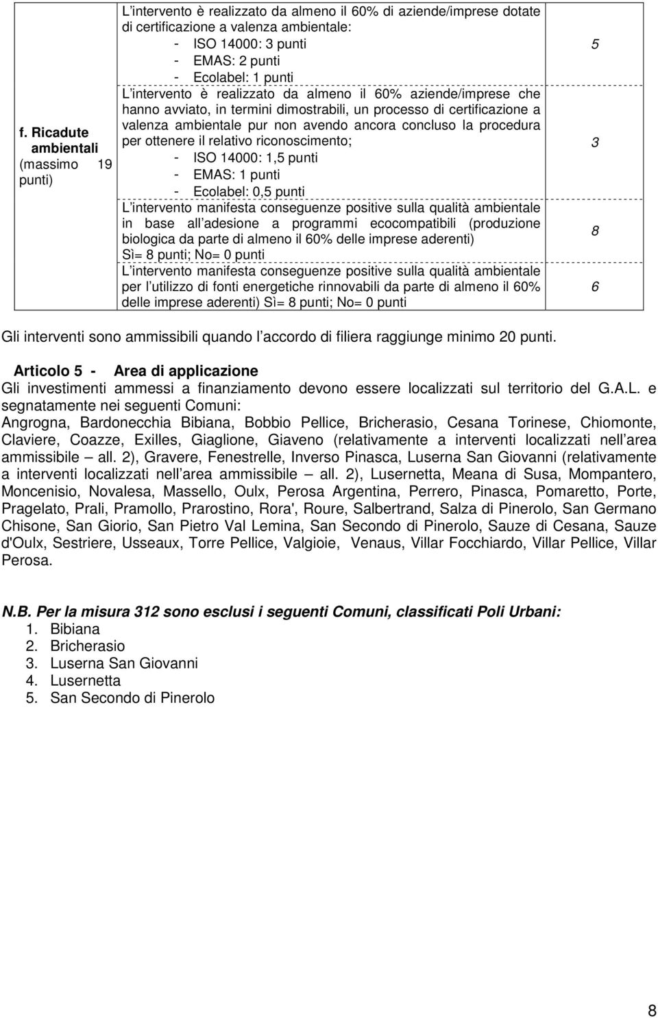 procedura per ottenere il relativo riconoscimento; - ISO 14000: 1,5 punti - EMAS: 1 punti - Ecolabel: 0,5 punti L intervento manifesta conseguenze positive sulla qualità ambientale in base all