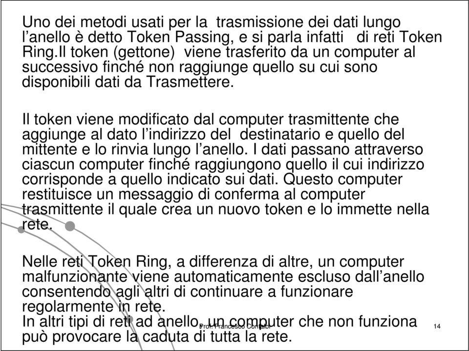 Il token viene modificato dal computer trasmittente che aggiunge al dato l indirizzo del destinatario e quello del mittente e lo rinvia lungo l anello.