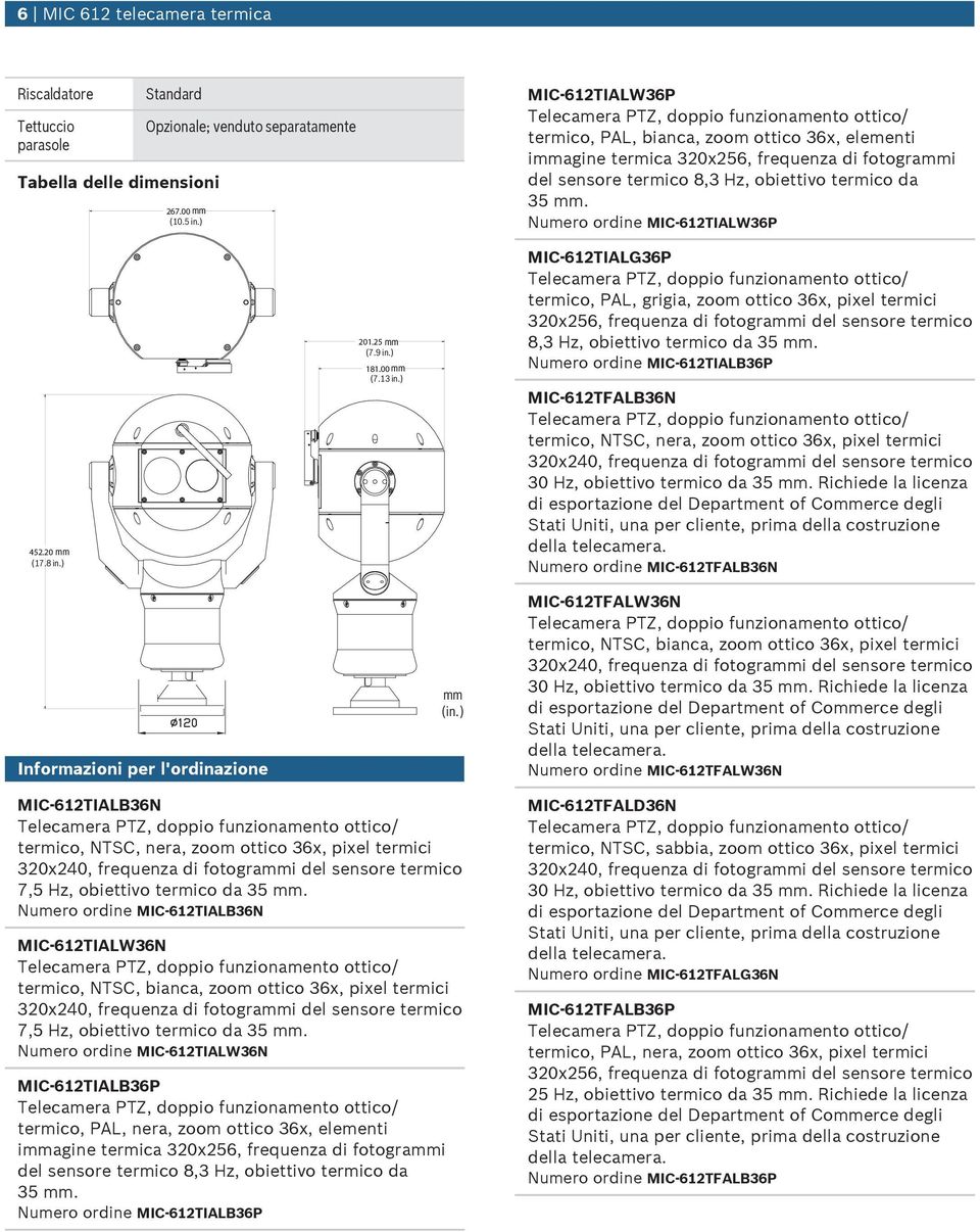 Nmero ordine MIC-612TIALW36P MIC-612TIALG36P termico, PAL, grigia, zoom ottico 36x, pixel termici 320x256, freqenza di fotogrammi del sensore termico 8,3 Hz, obiettivo termico da 35 mm.