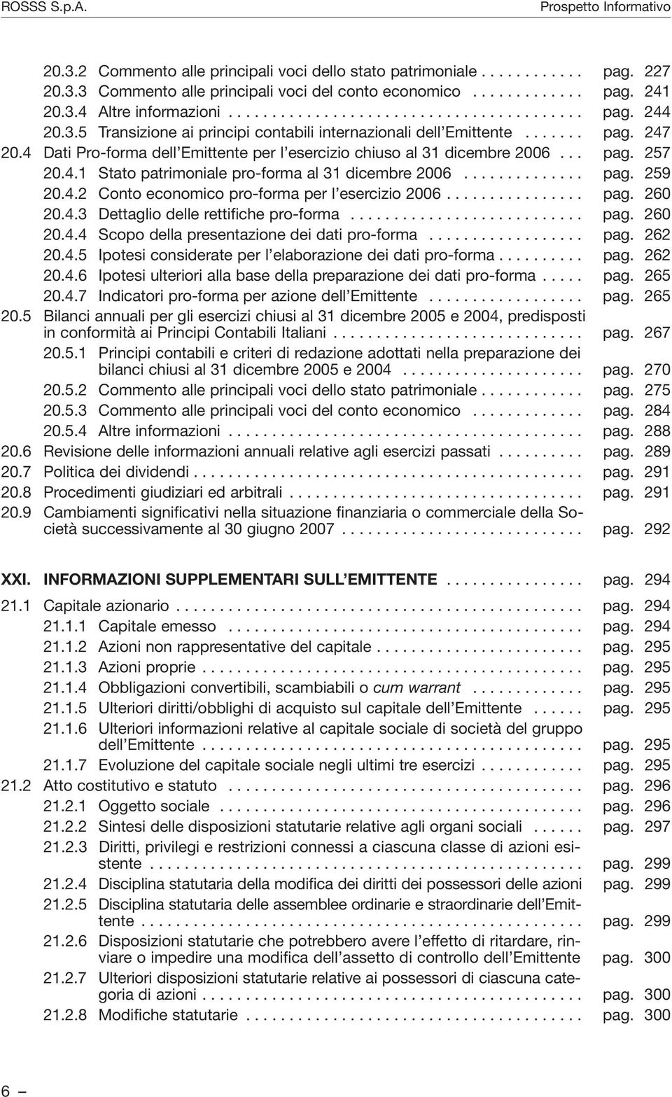 ............. pag. 259 20.4.2 Conto economico pro-forma per l esercizio 2006................ pag. 260 20.4.3 Dettaglio delle rettifiche pro-forma........................... pag. 260 20.4.4 Scopo della presentazione dei dati pro-forma.