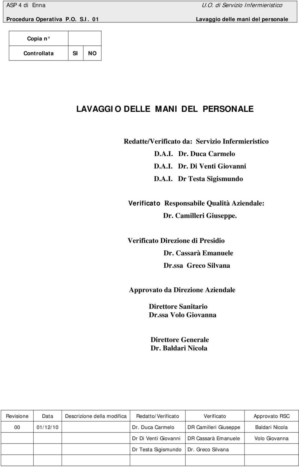 Cassarà Emanuele Dr.ssa Greco Silvana Approvato da Direzione Aziendale Direttore Sanitario Dr.ssa Volo Giovanna Direttore Generale Dr.