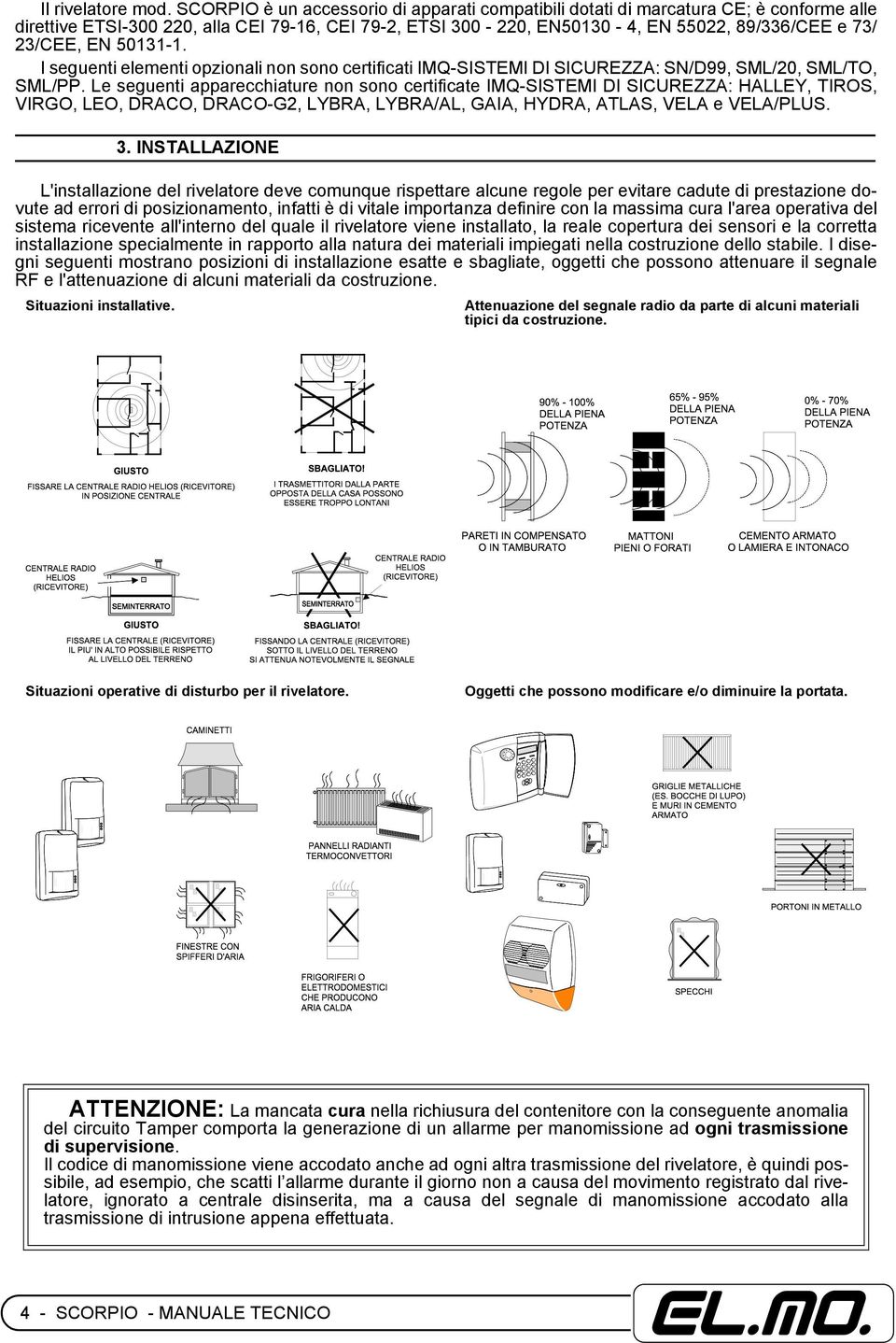 EN 50131-1. I seguenti elementi opzionali non sono certificati IMQ-SISTEMI DI SICUREZZA: SN/D99, SML/20, SML/TO, SML/PP.