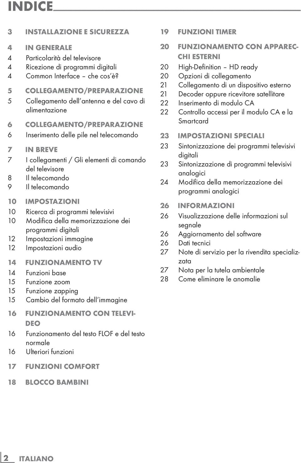 5 COLLEGAMENTO/PREPARAZIONE 5 Collegamento dell antenna e del cavo di alimentazione 6 COLLEGAMENTO/PREPARAZIONE 6 Inserimento delle pile nel telecomando 7 IN BREVE 7 I collegamenti / Gli elementi di