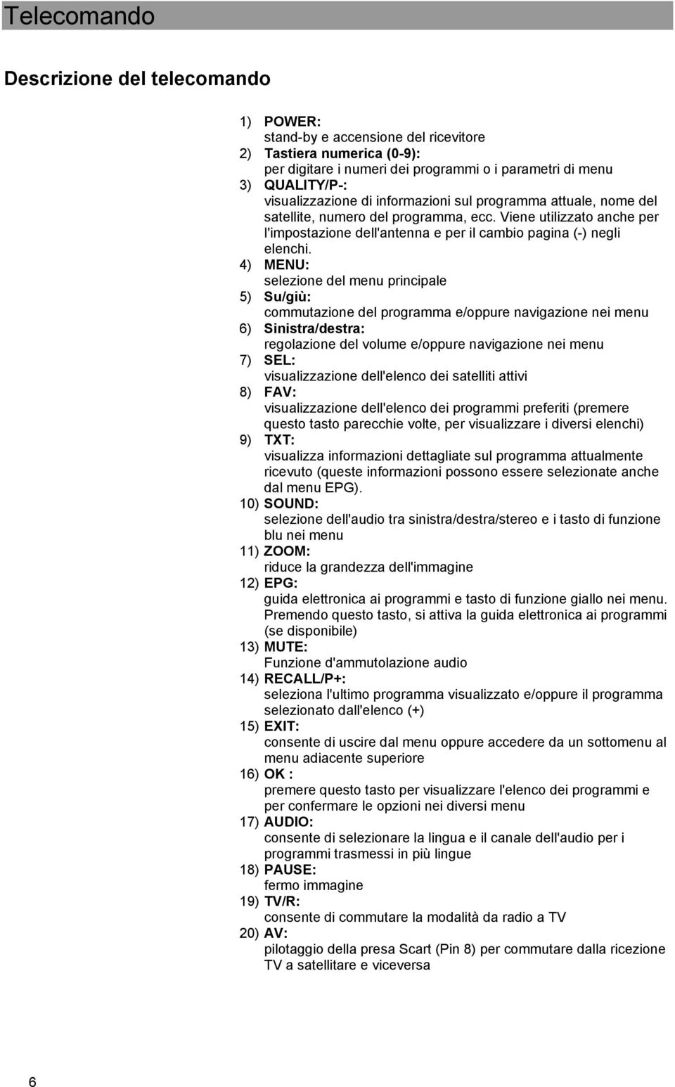 4) MENU: selezione del menu principale 5) Su/giù: commutazione del programma e/oppure navigazione nei menu 6) Sinistra/destra: regolazione del volume e/oppure navigazione nei menu 7) SEL: