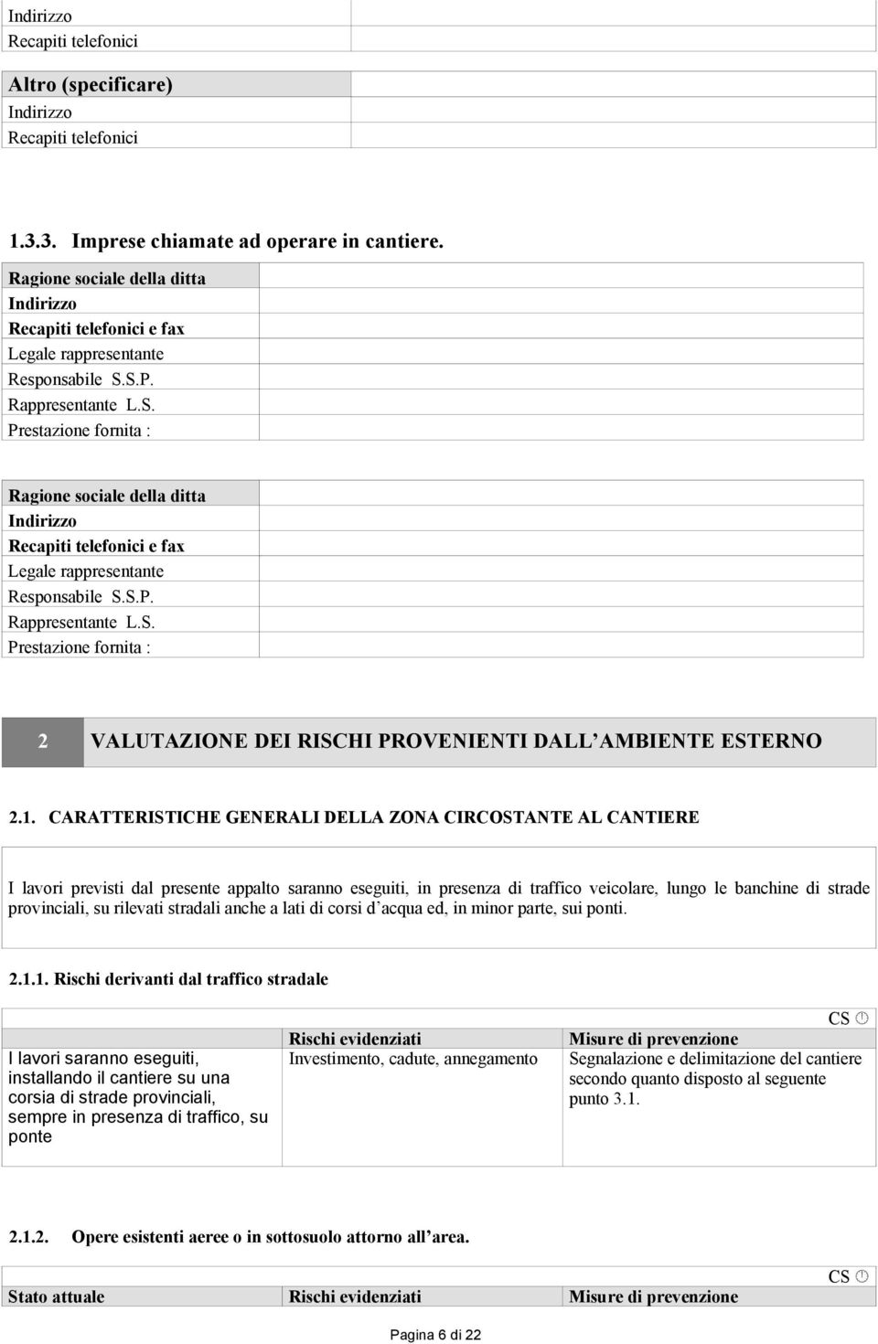 S.P. Rappresentante L.S. Prestazione fornita : S.P. Rappresentante L.S. Prestazione fornita : 2 VALUTAZIONE DEI RISCHI PROVENIENTI DALL AMBIENTE ESTERNO 2.1.