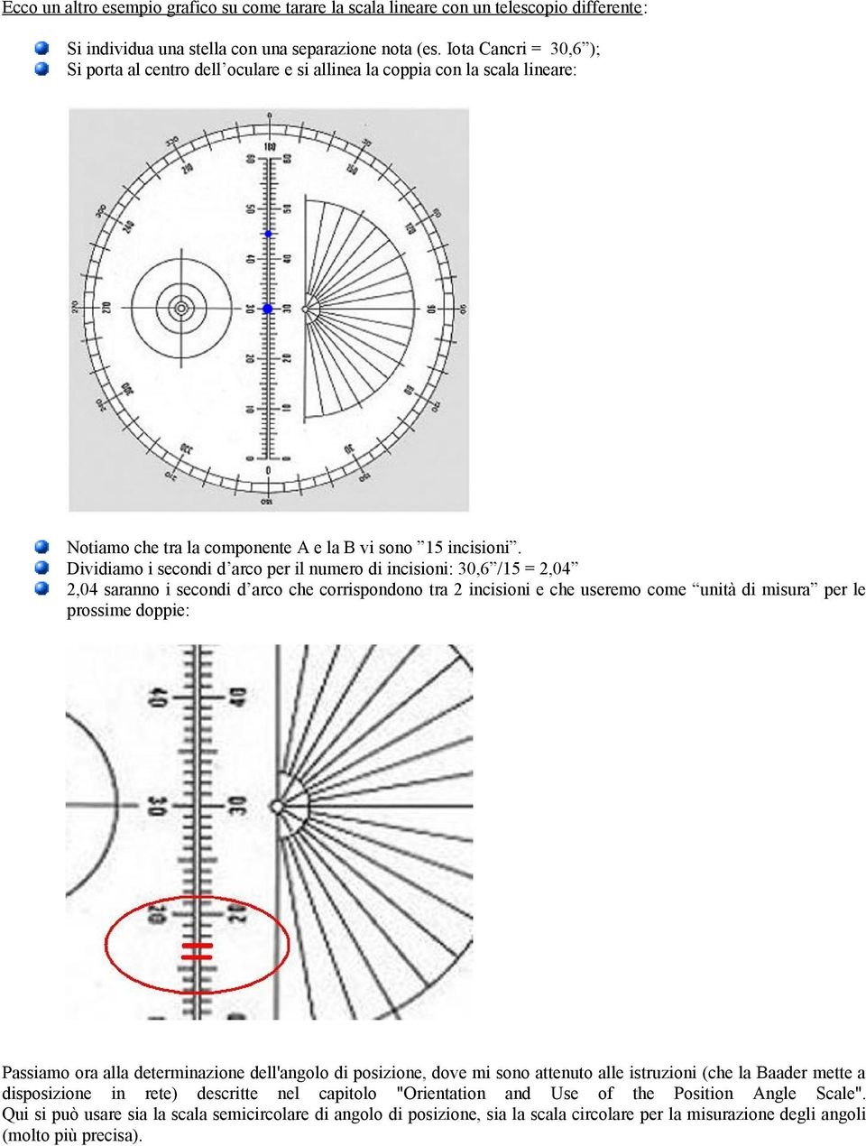 Dividiamo i secondi d arco per il numero di incisioni: 30,6 /15 = 2,04 2,04 saranno i secondi d arco che corrispondono tra 2 incisioni e che useremo come unità di misura per le prossime doppie: