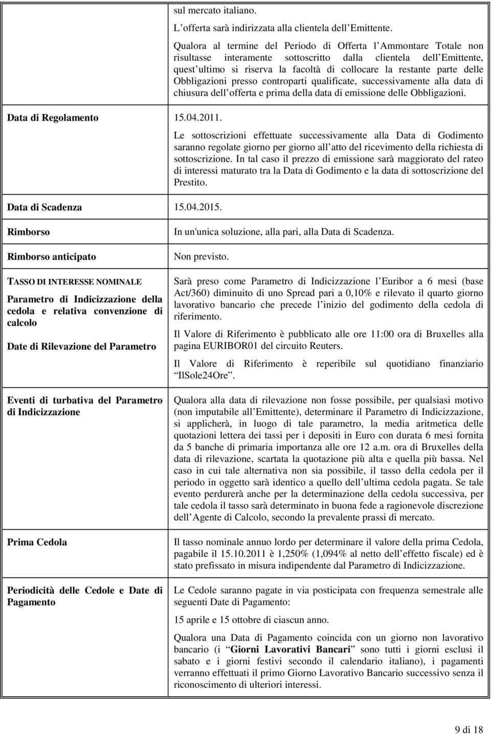 delle Obbligazioni presso controparti qualificate, successivamente alla data di chiusura dell offerta e prima della data di emissione delle Obbligazioni.