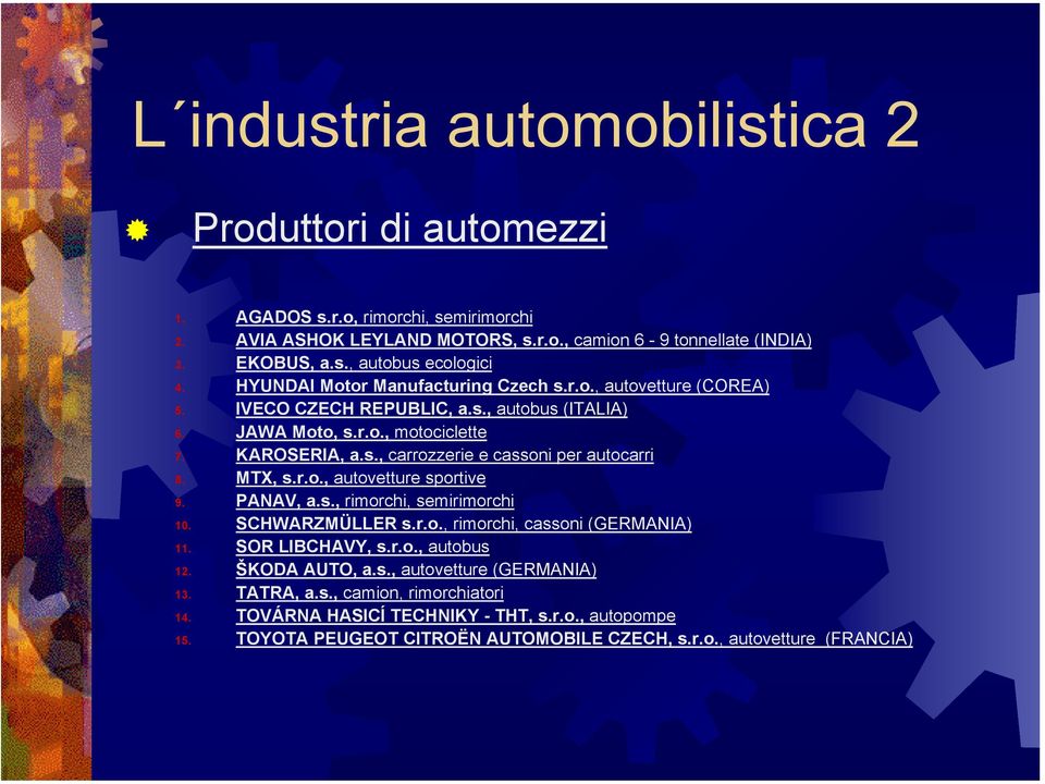 MTX, s.r.o., autovetture sportive 9. PANAV, a.s., rimorchi, semirimorchi 10. SCHWARZMÜLLER s.r.o., rimorchi, cassoni (GERMANIA) 11. SOR LIBCHAVY, s.r.o., autobus 12. ŠKODA AUTO, a.s., autovetture (GERMANIA) 13.