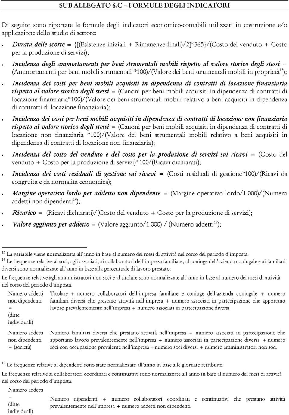 {[(Esistenze iniziali + Rimanenze finali)/2]*365}/(costo del venduto + Costo per la produzione di servizi); Incidenza degli ammortamenti per beni strumentali mobili rispetto al valore storico degli