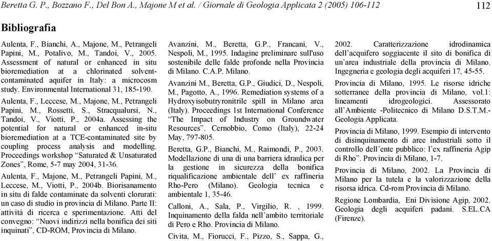 Aulenta, F., Leccese, M., Majone, M., Petrangeli Papini, M., Rossetti, S., Stracqualursi, N., Tandoi, V., Viotti, P., 2004a.