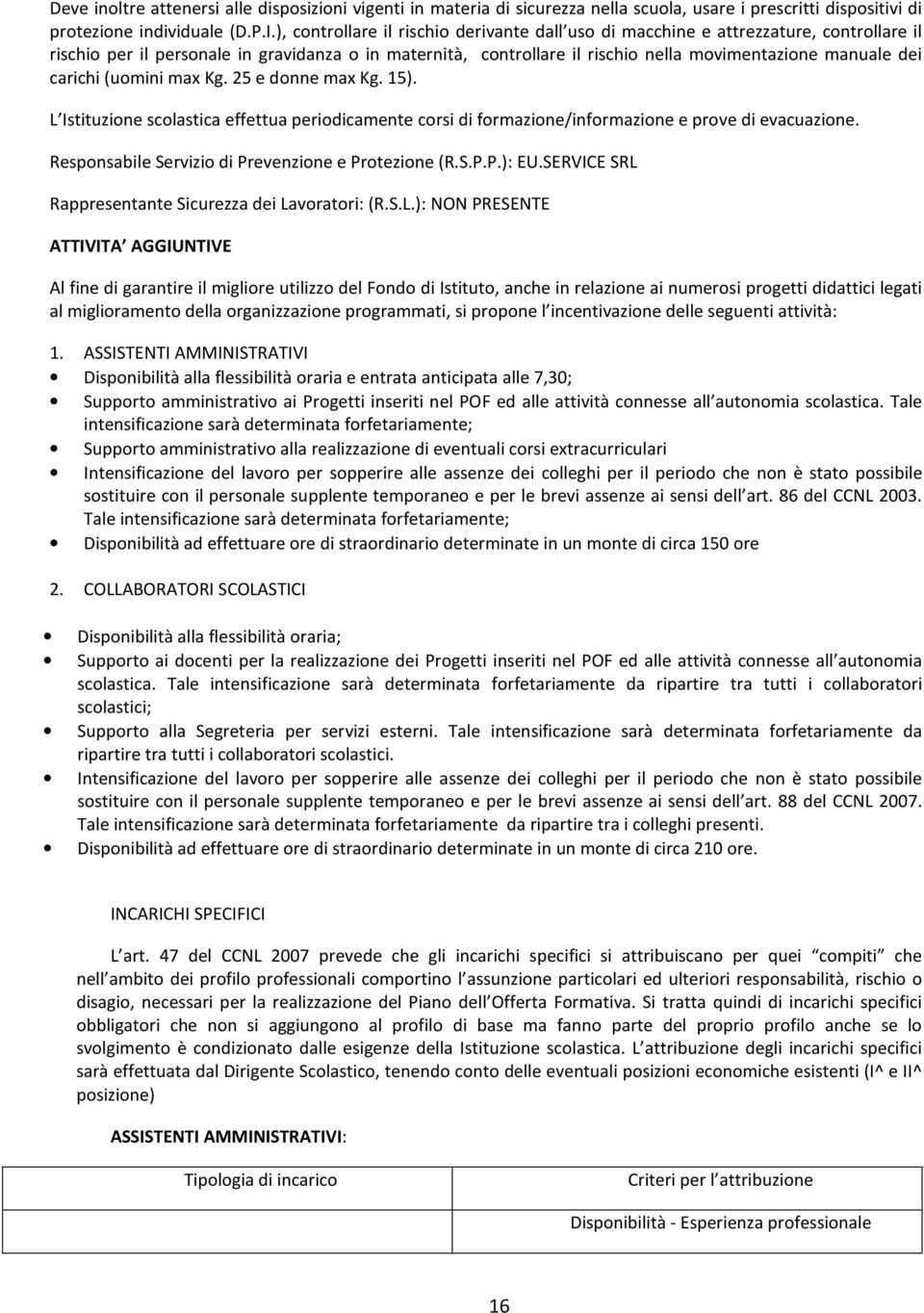 carichi (uomini max Kg. 25 e donne max Kg. 15). L Istituzione scolastica effettua periodicamente corsi di formazione/informazione e prove di evacuazione.