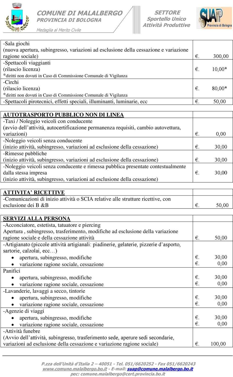 80,00* *diritti non dovuti in Caso di Commissione Comunale di Vigilanza -Spettacoli pirotecnici, effetti speciali, illuminanti, luminarie, ecc AUTOTRASPORTO PUBBLICO NON DI LINEA -Taxi / Noleggio