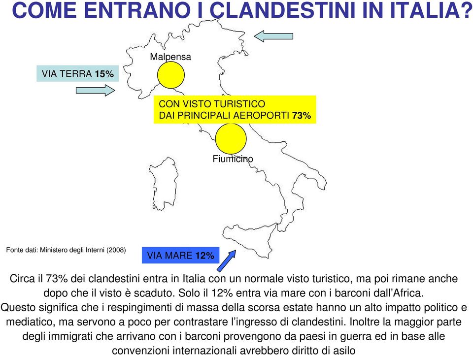 in Italia con un normale visto turistico, ma poi rimane anche dopo che il visto è scaduto. Solo il 12% entra via mare con i barconi dall Africa.