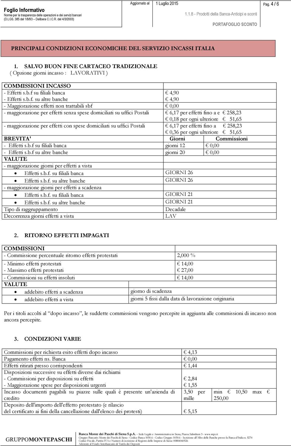 258,23 0,18 per ogni ulteriore 51,65 - maggiorazione per effetti con spese domiciliati su uffici Postali 6,17 per effetti fino a 258,23 0,36 per ogni ulteriore 51,65 BREVITA' Giorni Commissioni -