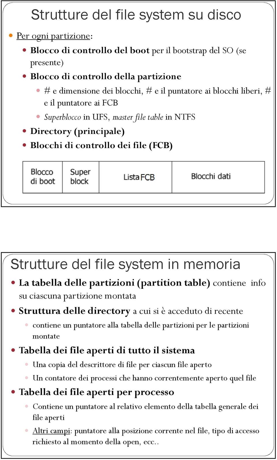 tabella delle partizioni (partition table) contiene info su ciascuna partizione montata Struttura delle directory a cui si è acceduto di recente contiene un puntatore alla tabella delle partizioni