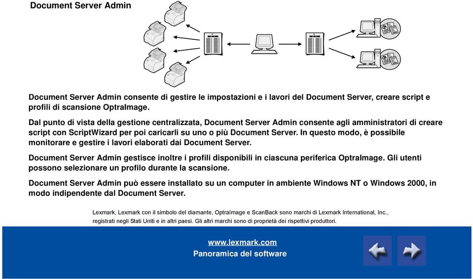 In questo modo, è possibile monitorare e gestire i lavori elaborati dai Document Server. Document Server Admin gestisce inoltre i profili disponibili in ciascuna periferica OptraImage.