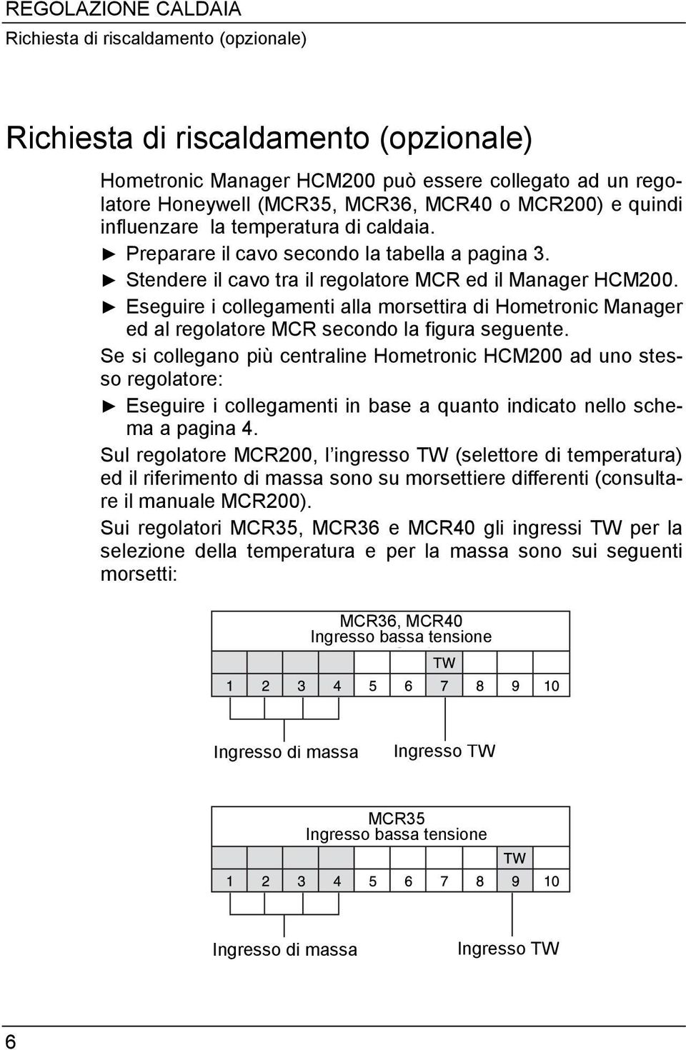 Eseguire i collegamenti alla morsettira di Hometronic Manager ed al regolatore MCR secondo la figura seguente.