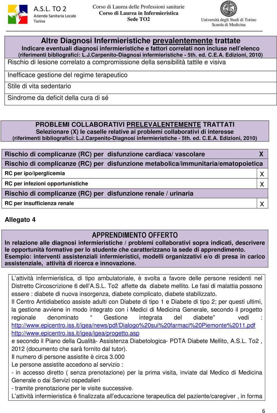 le caselle relative ai problemi collaborativi di interesse Rischio di complicanze (RC) per disfunzione cardiaca/ vascolare Rischio di complicanze (RC) per disfunzione