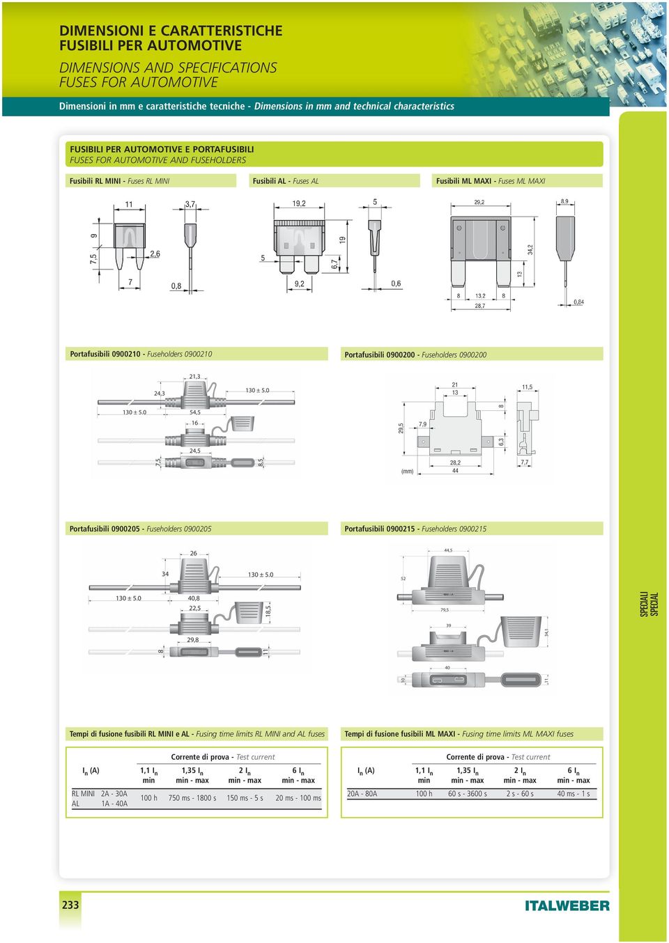 090015 Tempi di fusione fusibili RL MINI e AL - Fusing time limits rl MiNi and Al fuses Corrente di prova - Test current I n (A) 1,1 I n 1,35 I n I n I n min min - max min - max min - max RL MINI A -