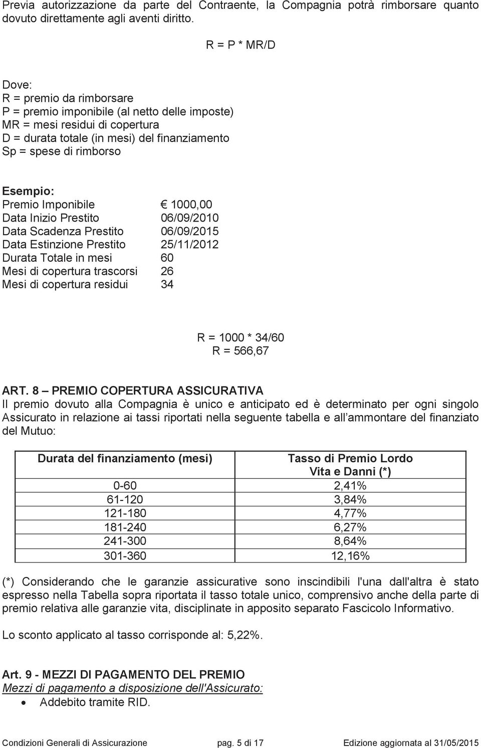 Premio Imponibile 1000,00 Data Inizio Prestito 06/09/2010 Data Scadenza Prestito 06/09/2015 Data Estinzione Prestito 25/11/2012 Durata Totale in mesi 60 Mesi di copertura trascorsi 26 Mesi di