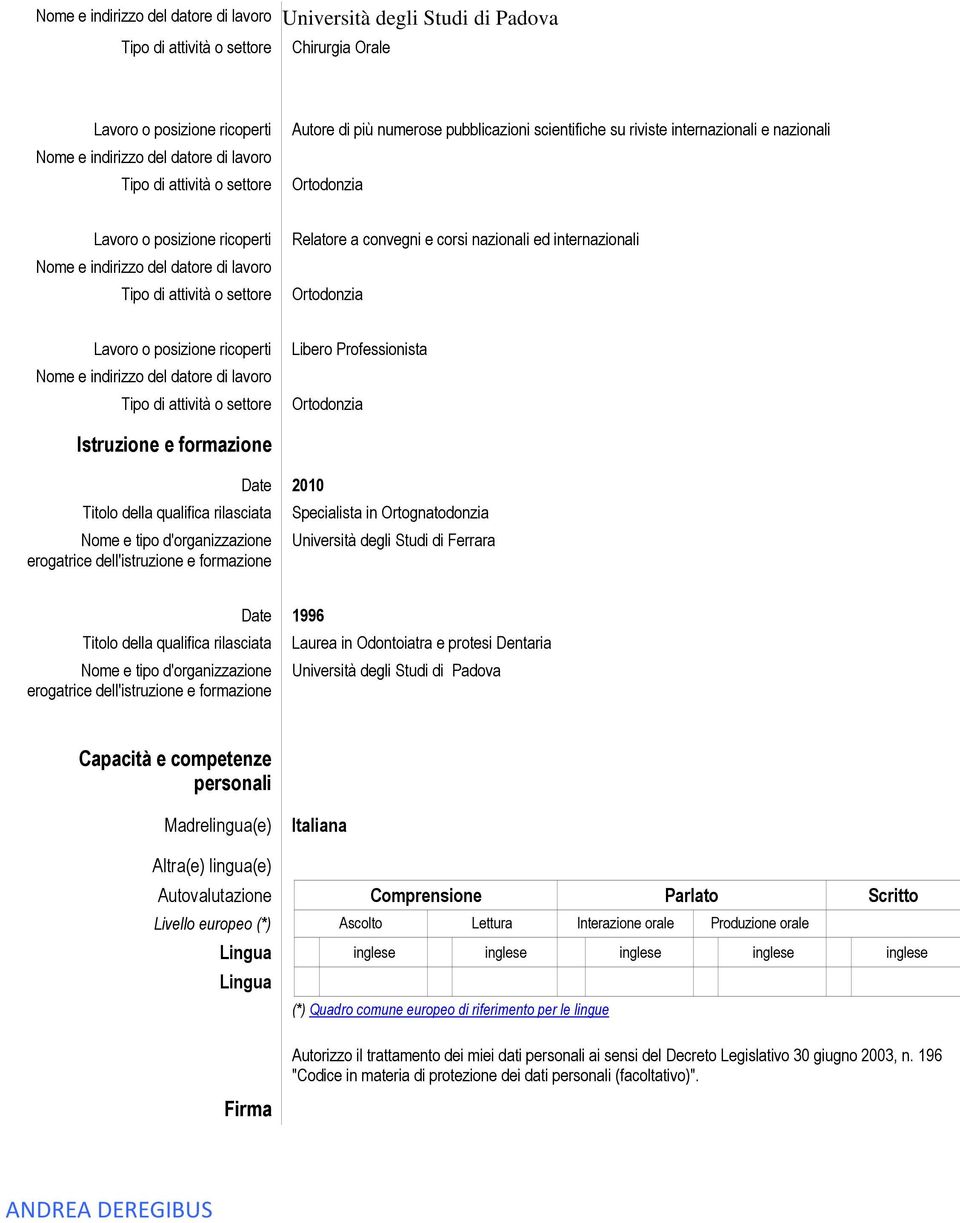 Studi di Ferrara Titolo della qualifica rilasciata Nome e tipo d'organizzazione erogatrice dell'istruzione e formazione Date 1996 Laurea in Odontoiatra e protesi Dentaria Università degli Studi di