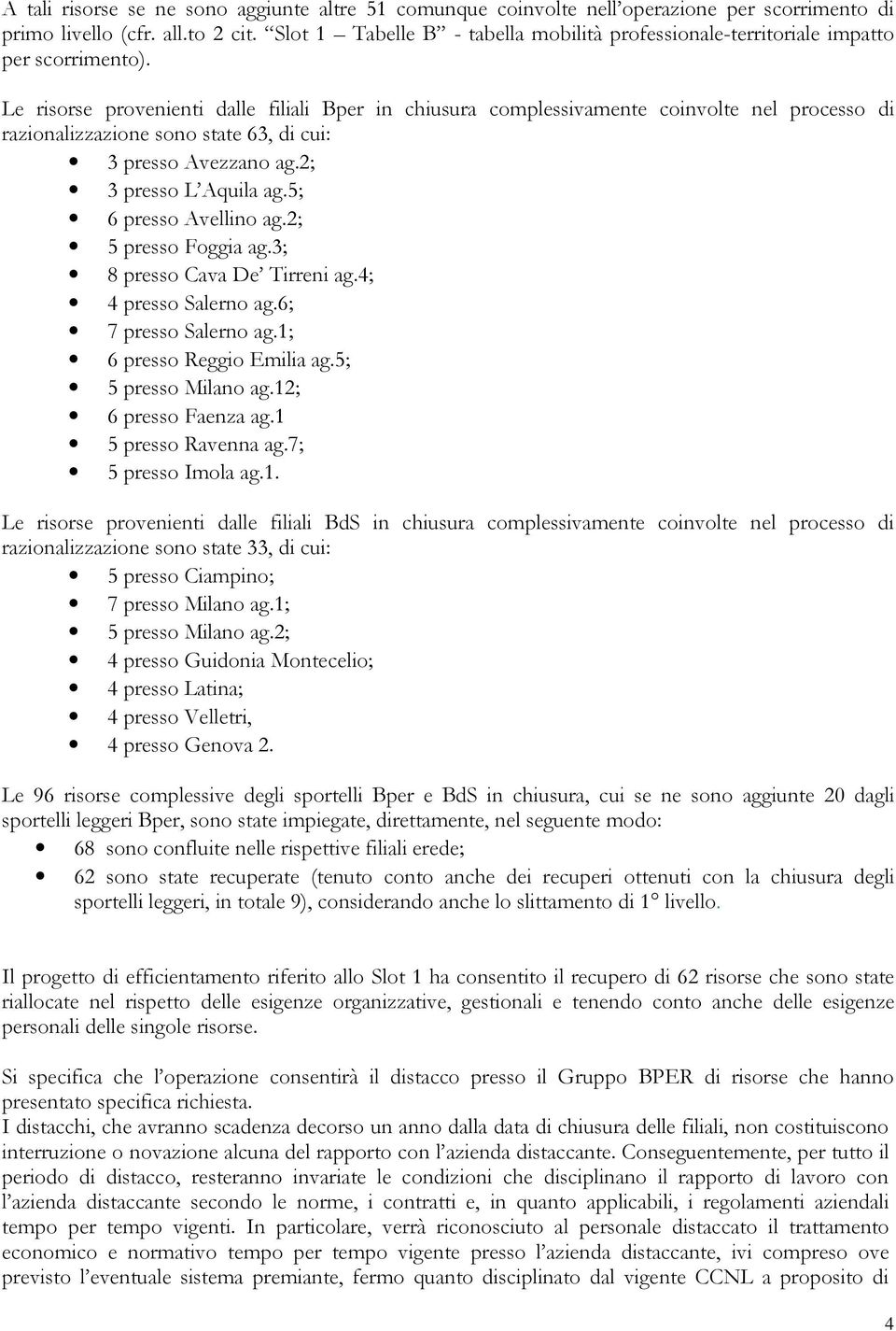 Le risorse provenienti dalle filiali Bper in chiusura complessivamente coinvolte nel processo di razionalizzazione sono state 63, di cui: 3 presso Avezzano ag.2; 3 presso L Aquila ag.