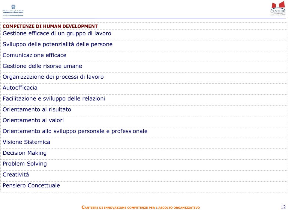 sviluppo delle relazioni Orientamento al risultato Orientamento ai valori Orientamento allo sviluppo personale e professionale