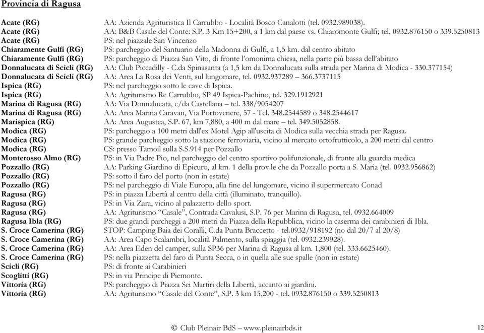 dal centro abitato Chiaramente Gulfi (RG) PS: parcheggio di Piazza San Vito, di fronte l omonima chiesa, nella parte più bassa dell abitato Donnalucata di Scicli (RG) AA: Club Piccadilly - C.