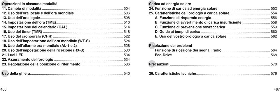 Uso dell allarme ora mondiale (AL-1 e 2)... 528 20. Uso dell impostazione della ricezione (RX-S)... 530 21. Luci LED... 534 22. Azzeramento dell orologio... 534 23.