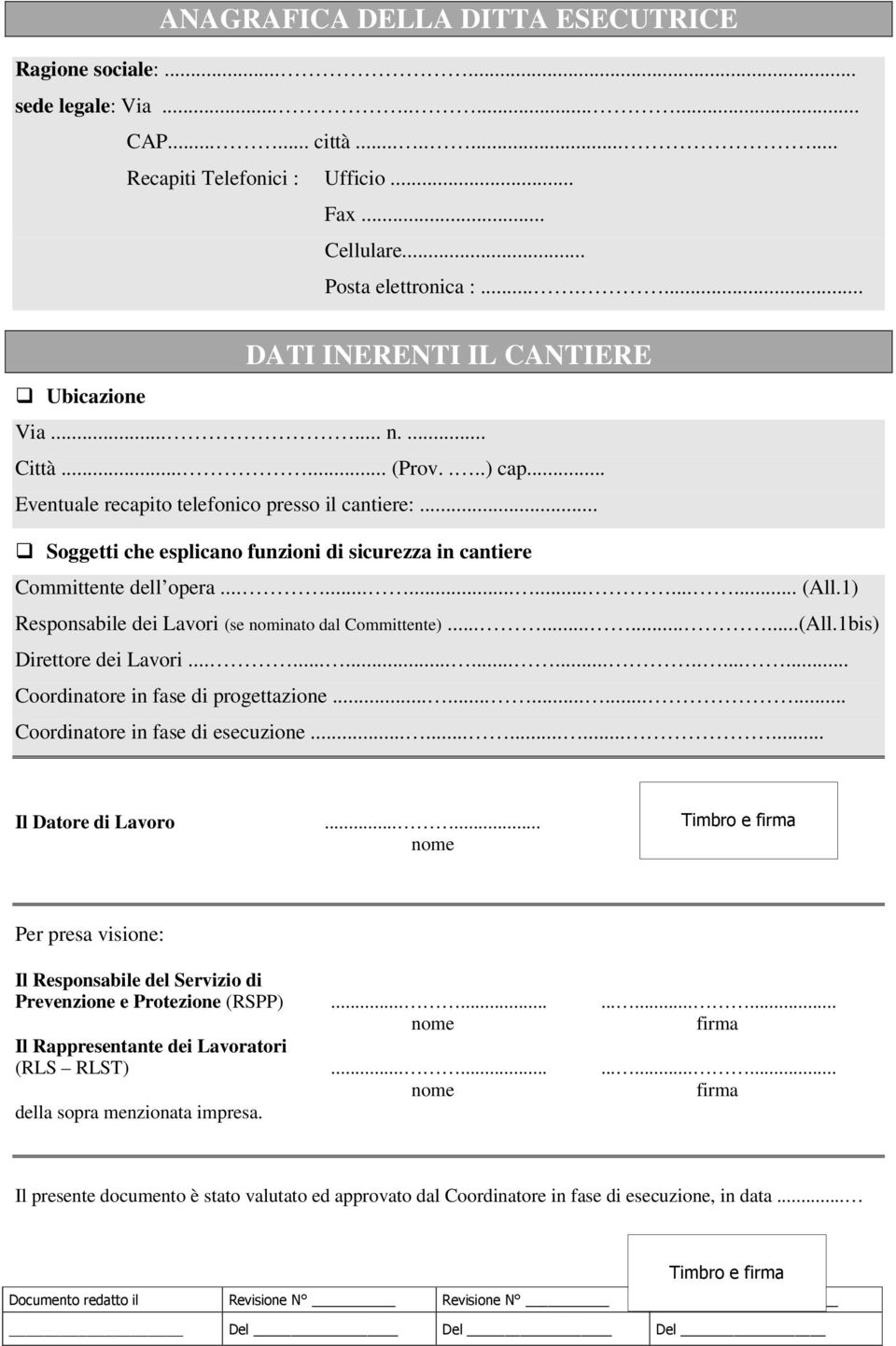 .. Soggetti che esplicano funzioni di sicurezza in cantiere Committente dell opera.................. (All.1) Responsabile dei Lavori (se nominato dal Committente)............(All.1bis) Direttore dei Lavori.