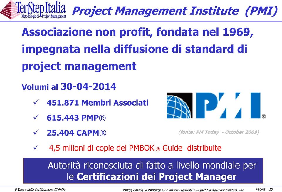 404 CAPM (fonte: PM Today - October 2009) 4,5 milioni di copie del PMBOK Guide distribuite Autorità riconosciuta di fatto a