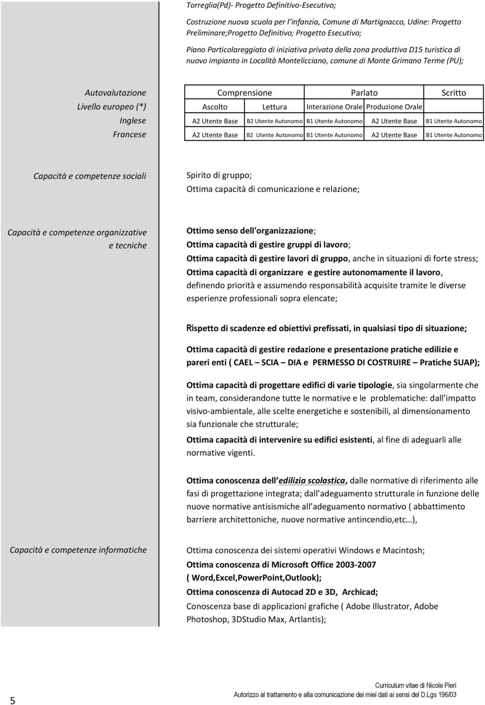 Piano Particolareggiato di iniziativa privata della zona produttiva D15 turistica di nuovo impianto in Località Montelicciano, comune di Monte Grimano Terme (PU); Autovalutazione Comprensione Parlato