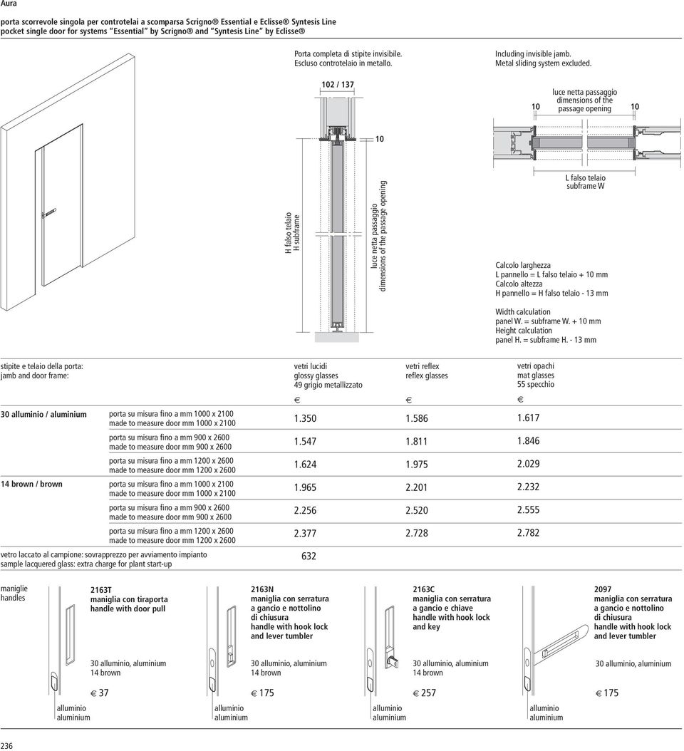 luce netta passaggio dimensions of the passage opening H falso telaio H subframe luce netta passaggio dimensions of the passage opening subframe W Calcolo larghezza L pannello = + mm Calcolo altezza